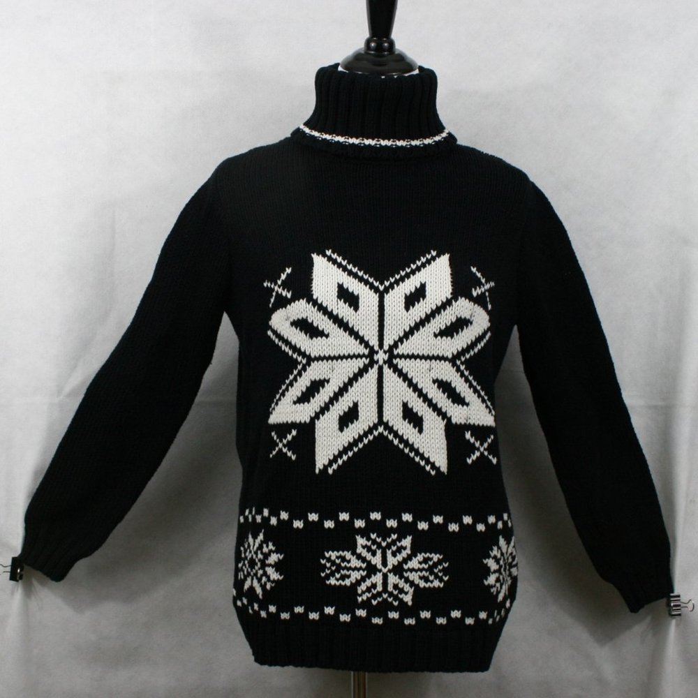Boston Proper Black Cotton Blend Turtleneck Sweater w/ Snowflakes SZ M EUC